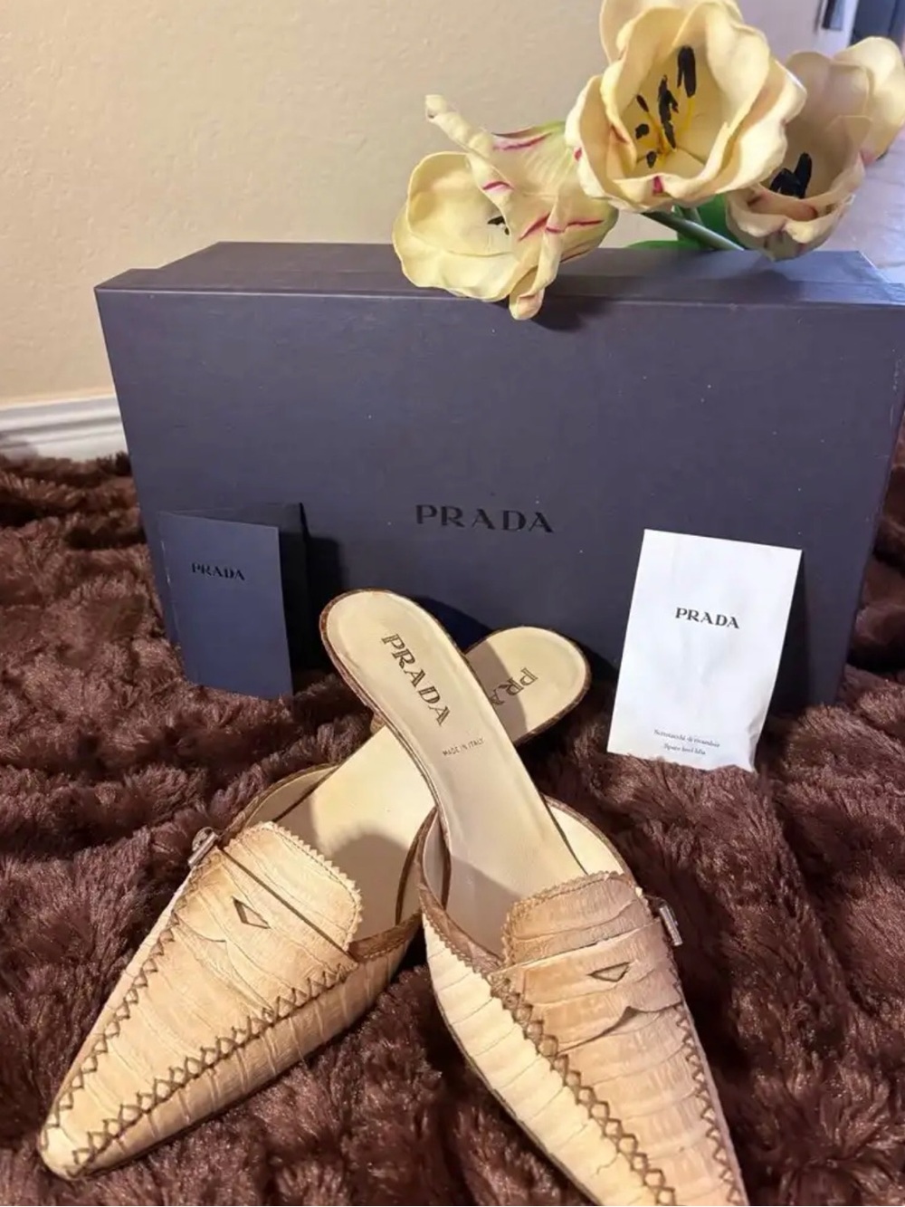 Prada Cream Leather Pointed Weave Mules